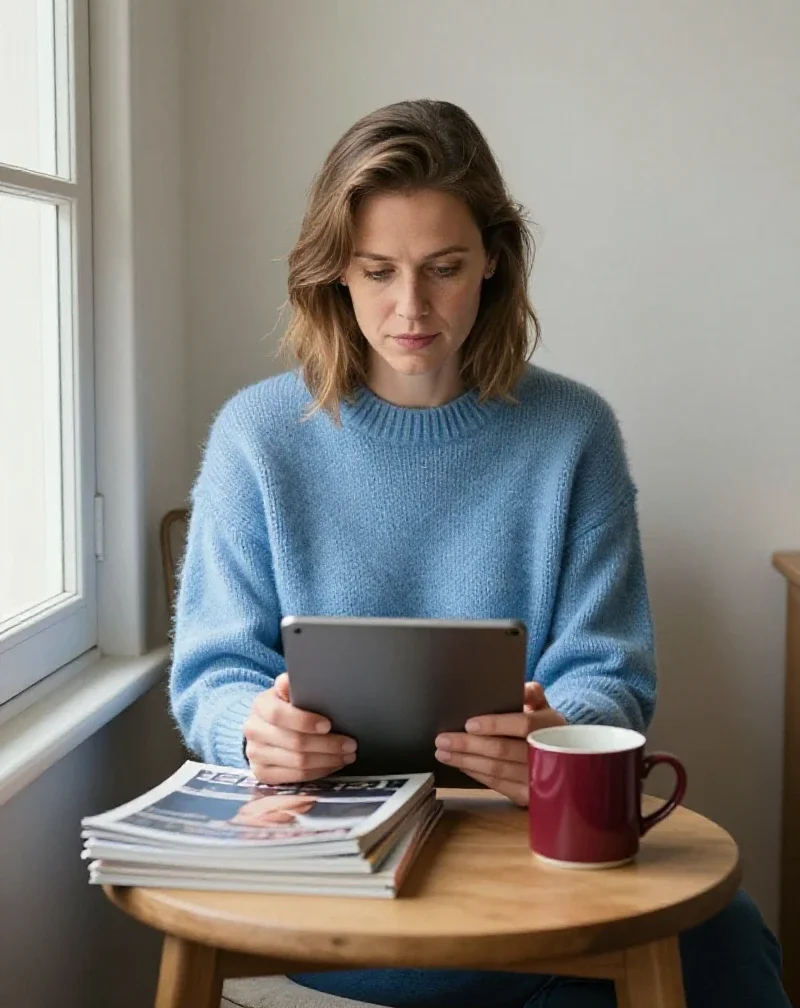 Une femme consulte un blog pour trouver des solutions aux questions du quotidien.